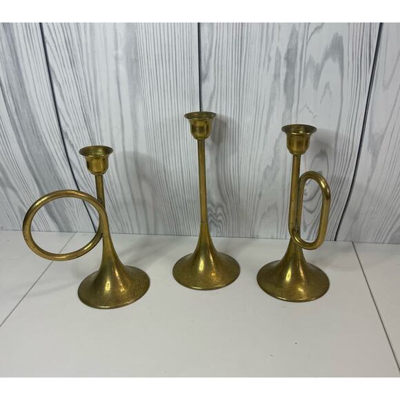 Vintage Solid Brass Candle Holder set of 3 Horns with Patina (Set of 3) - Picture 1 of 10